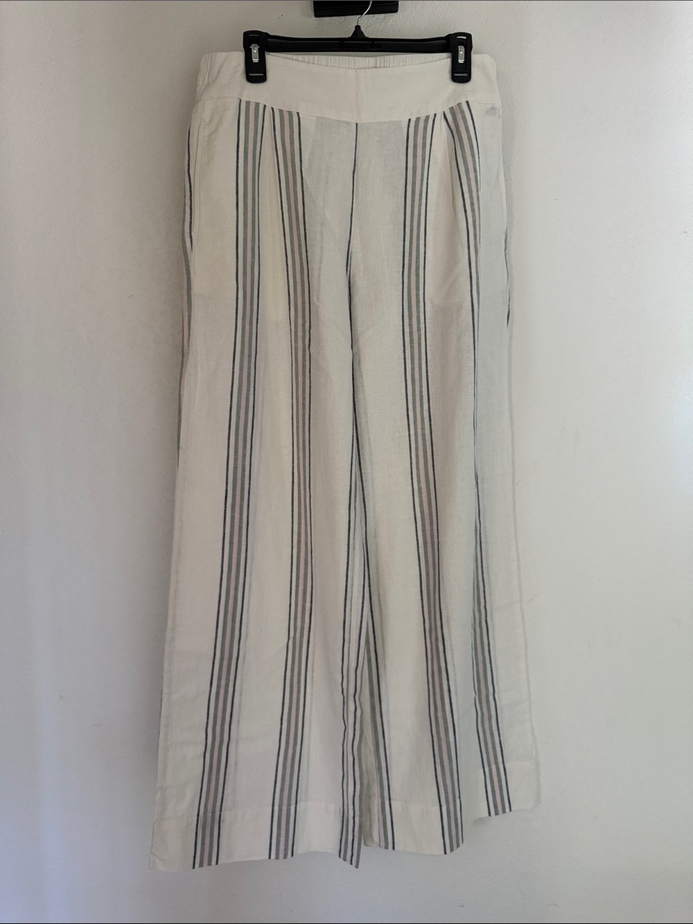 NWOT. Linen ivory lightweight wide leg pant with blue, pink and sage stripes.